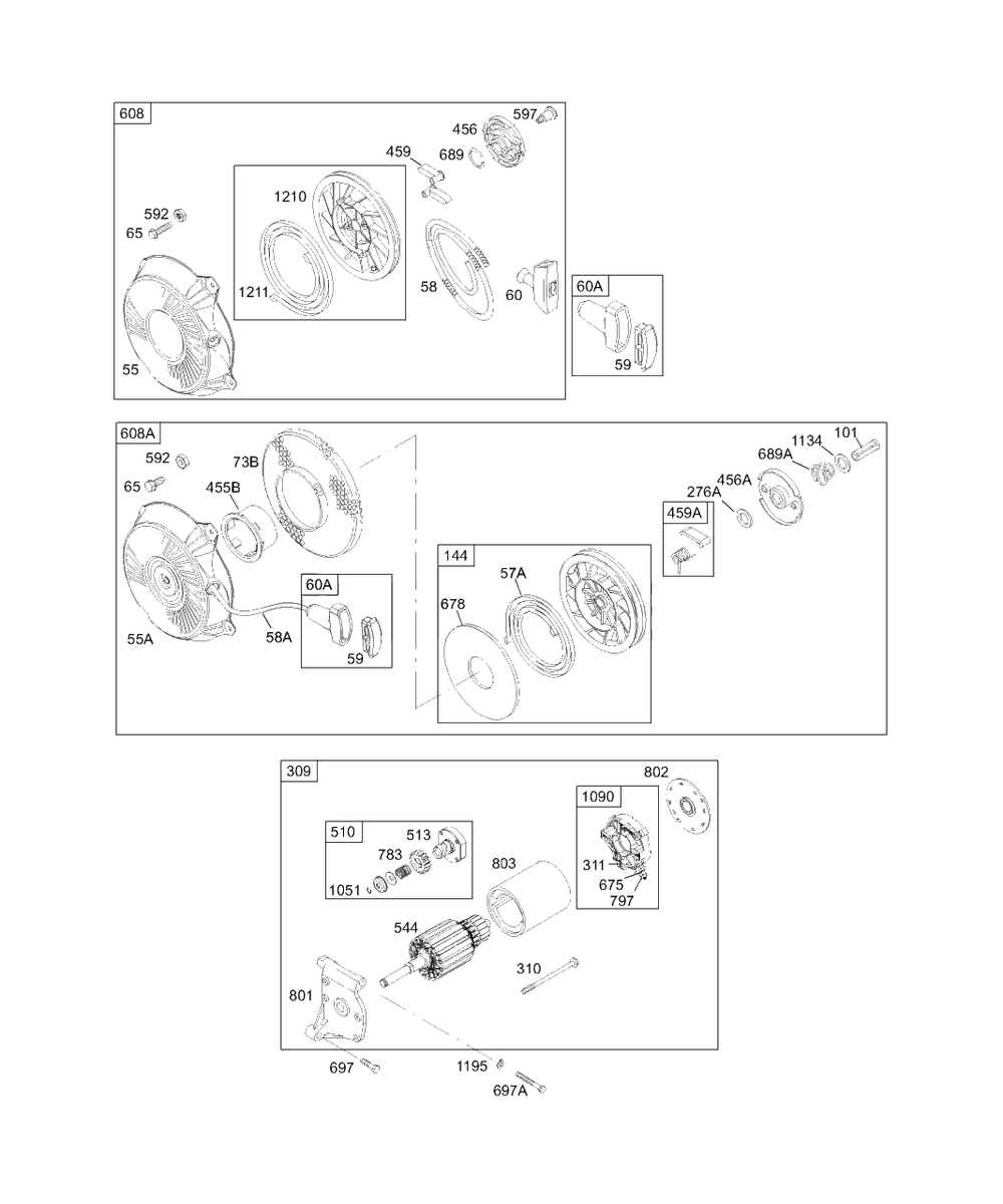 Electric Starter, Rewind Group Diagram and Parts List for 133402-0113-XX  Briggs and Stratton Engine